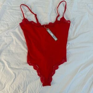 SKIMS Red Lace Trim Bodysuit